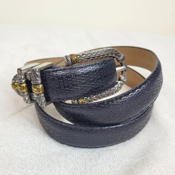 Brighton Accessories - Brighton black textured leather belt mixed metal woven look silver gold finish L